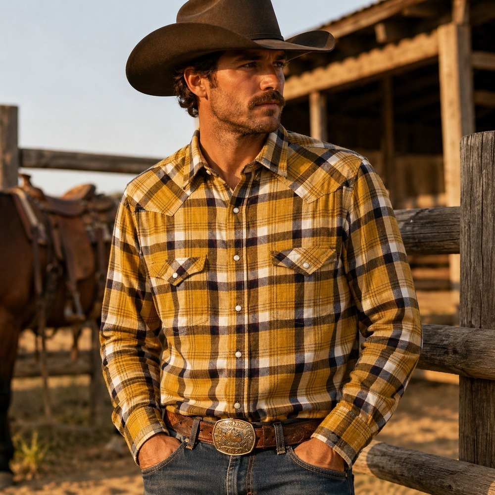 Wrangler Retro Mens Large Mustard Plaid Pearl Snap Western Flannel WTLH16003